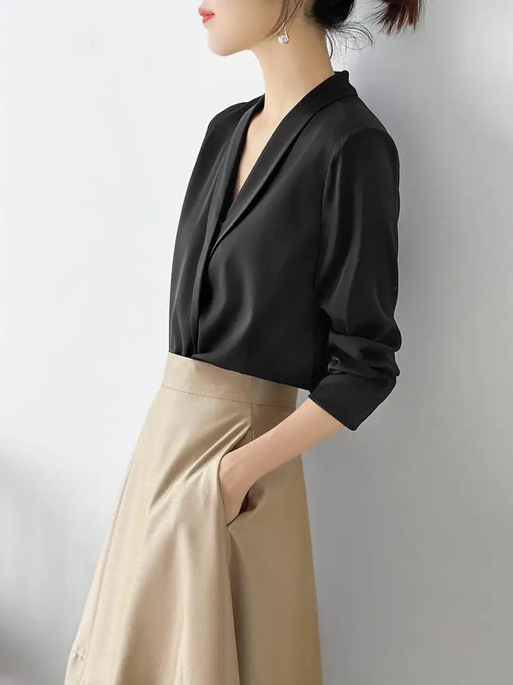 Women's Tunic V Neck Solid Color Elegant Blouses Spring Autumn Office Lady Silk Satin Solid Black White Long Sleeve Shirt Women