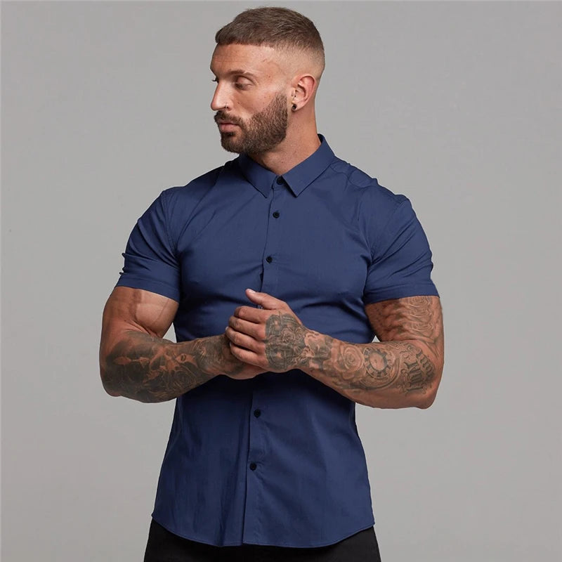 Men's Summer Business Shirt Short Sleeve Turn-down Collar Tuxedo Shirt Fashion Super Slim Fit Male Social Dress Shirt