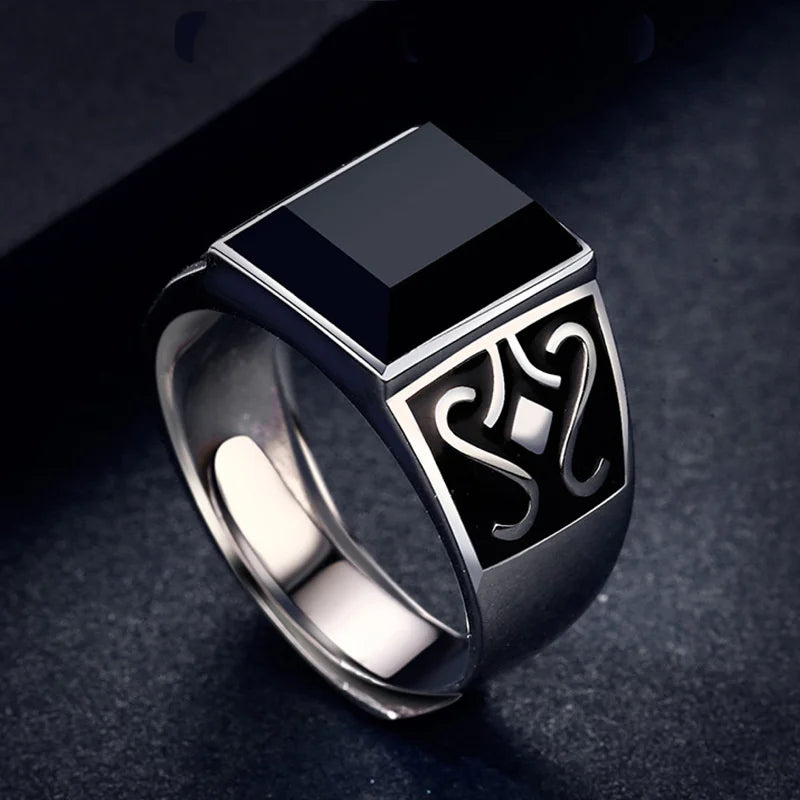 2024 Trendy Men Ring Jewelry Adjustable Finger Accessorie Male Silver 925 Ring Fashion Flower Rectangle Crystal Bijou