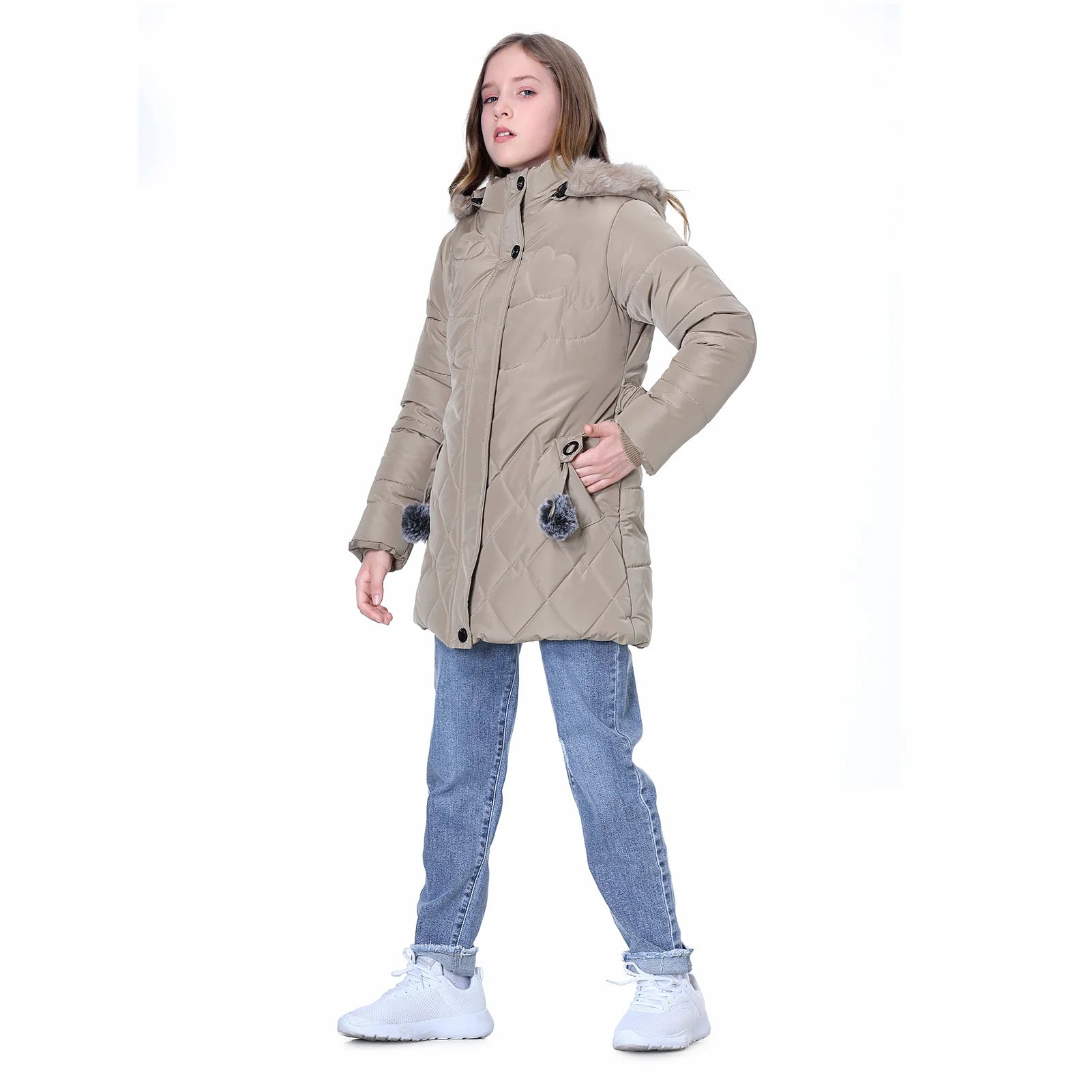 Winter Girls Jacket,Warm Thick Cotton Coat,Fashion Fur Hooded Children's Outerwear,Hairballs Zipper Elastic Waistband Coats