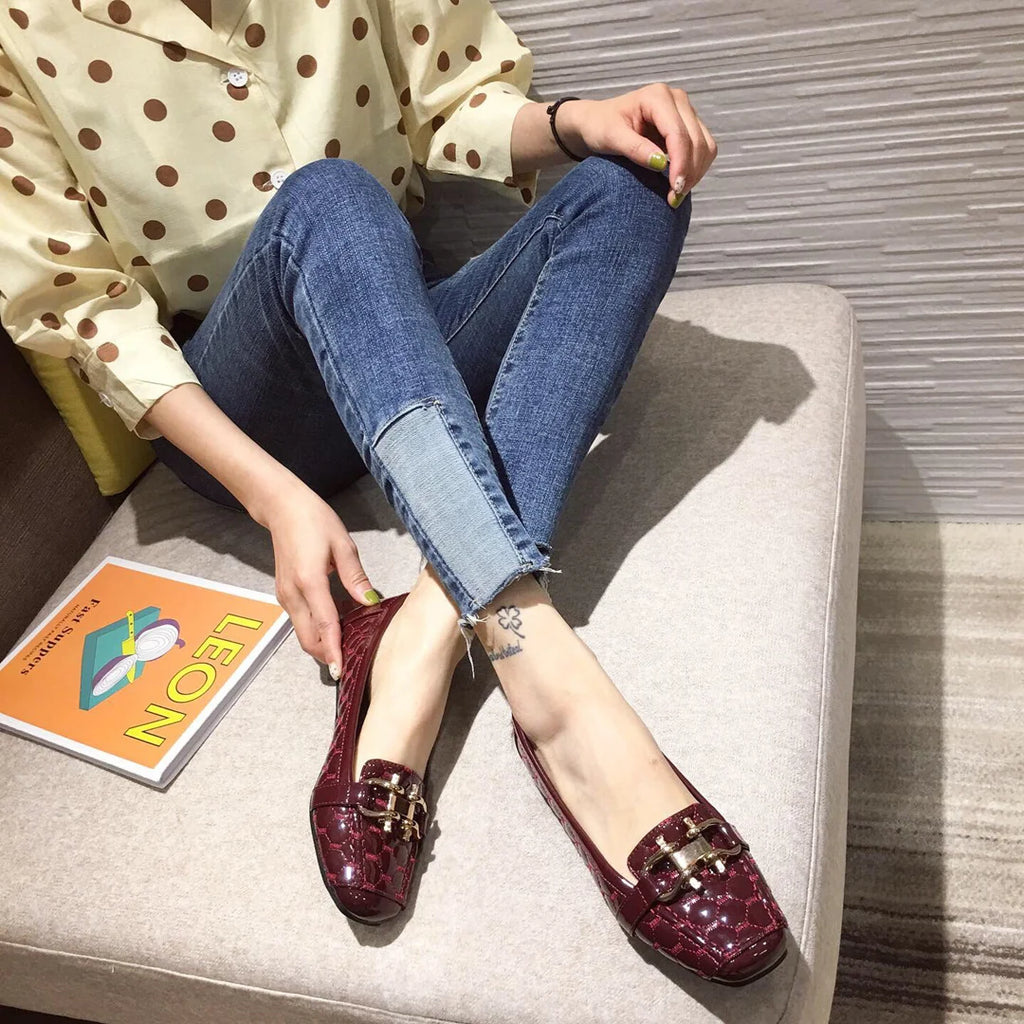 Woman's Flats Casuales for Female Soft Bottom Comfortable Square Head Single Shoes White Black Red Ladies Spring Autumn Loafers