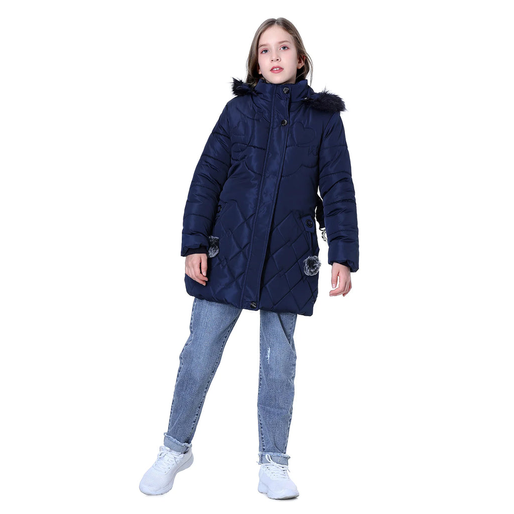 Winter Girls Jacket,Warm Thick Cotton Coat,Fashion Fur Hooded Children's Outerwear,Hairballs Zipper Elastic Waistband Coats