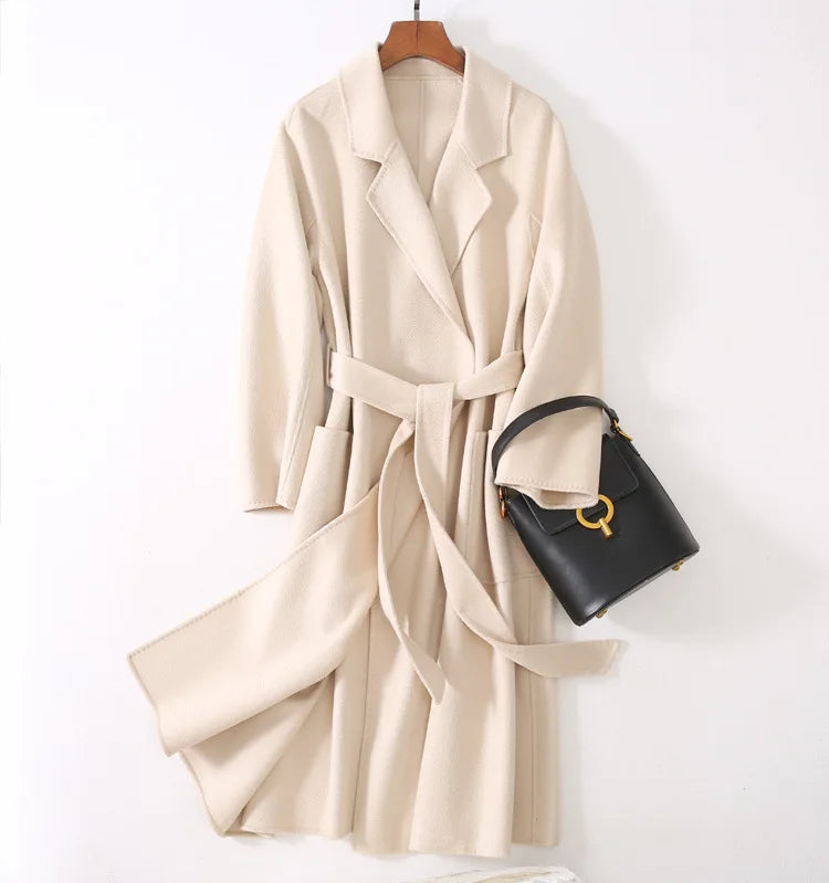 Winter Korean Popular High-end Water Corrugated Woolen Overcoat 2023 Fashion Long Bathrobe Style 100% Wool Jacket Coat Women