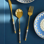 Kitchen Gold-plated Cutlery Set Dessert Forks Knives Spoons Set Elegant Design Ceramic Dinnerware For Home Restaurant Canteen