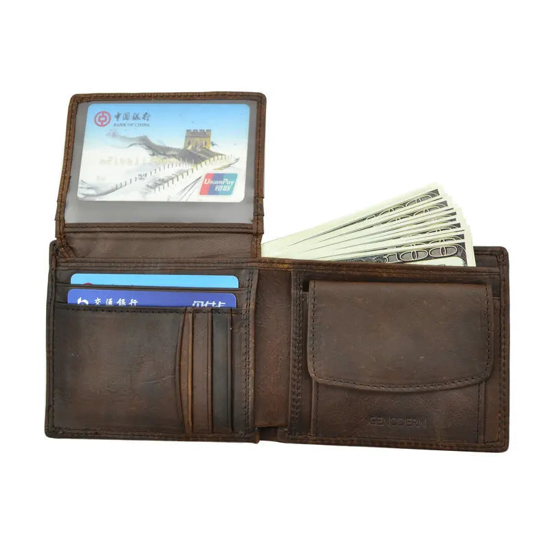 GENODERN Cow Leather Men Wallets with Coin Pocket Vintage Male Purse RFID Blocking Genuine Leather Men Wallet with Card Holders