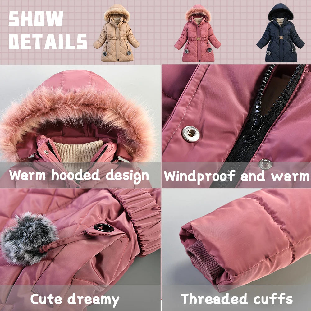 Winter Girls Jacket,Warm Thick Cotton Coat,Fashion Fur Hooded Children's Outerwear,Hairballs Zipper Elastic Waistband Coats