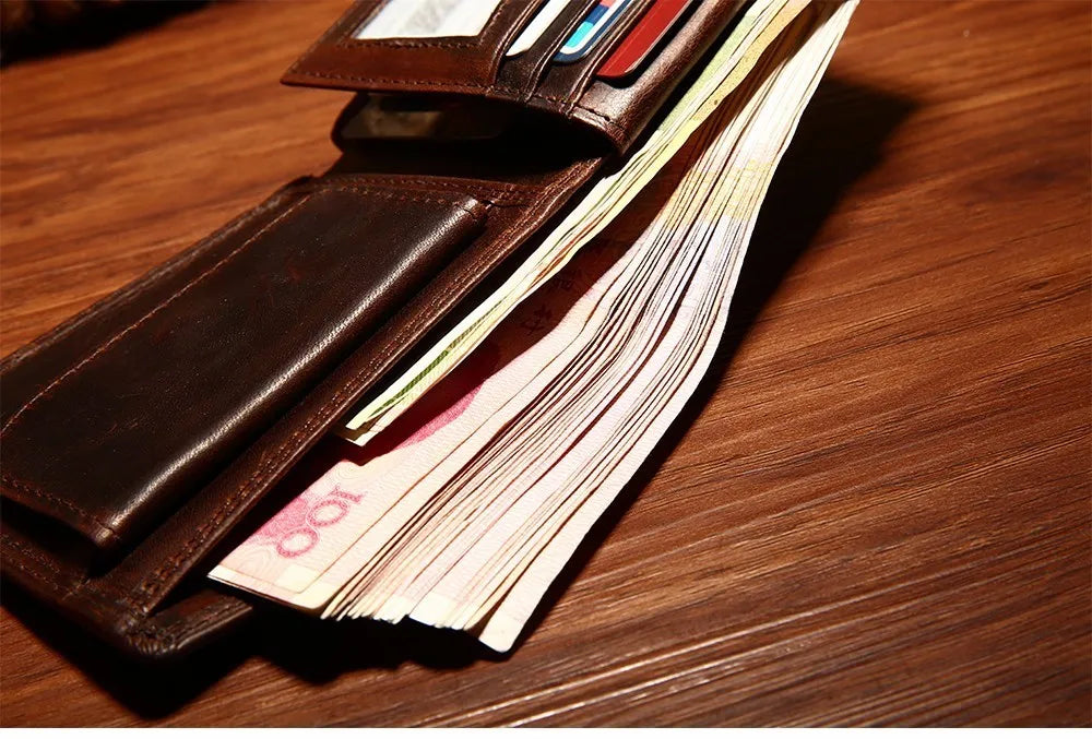 GENODERN Cow Leather Men Wallets with Coin Pocket Vintage Male Purse RFID Blocking Genuine Leather Men Wallet with Card Holders