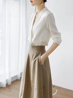 Women's Tunic V Neck Solid Color Elegant Blouses Spring Autumn Office Lady Silk Satin Solid Black White Long Sleeve Shirt Women