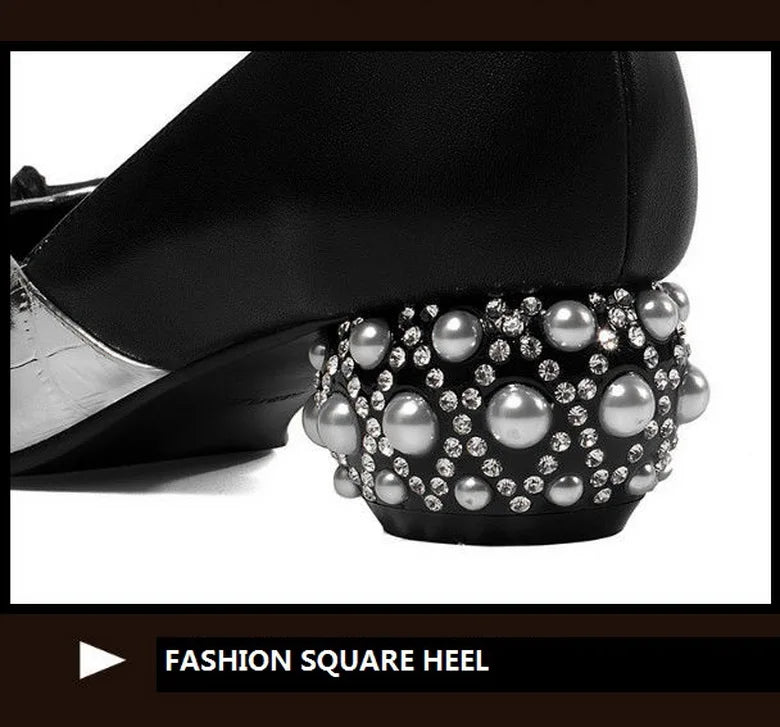 Thick Heel Single Shoes Woman MID Heels Women 2020 Autumn  Work Shoe Female Footware Soft Leather Bowtie Pointed Toes SILVER