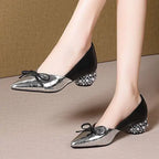 Thick Heel Single Shoes Woman MID Heels Women 2020 Autumn  Work Shoe Female Footware Soft Leather Bowtie Pointed Toes SILVER
