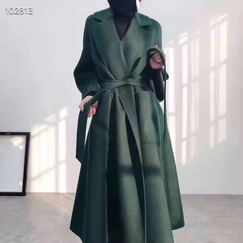 Winter Korean Popular High-end Water Corrugated Woolen Overcoat 2023 Fashion Long Bathrobe Style 100% Wool Jacket Coat Women
