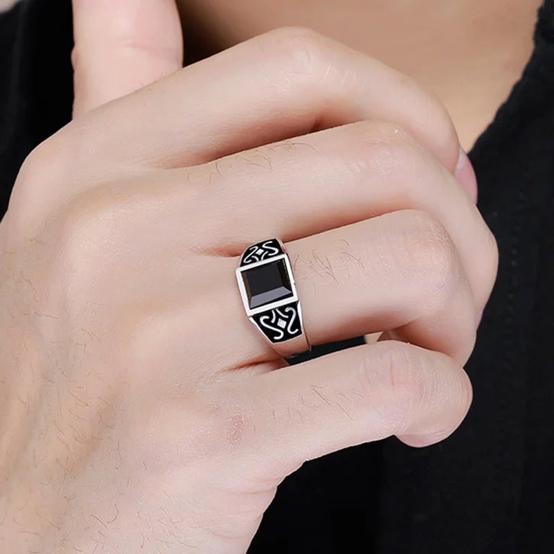 2024 Trendy Men Ring Jewelry Adjustable Finger Accessorie Male Silver 925 Ring Fashion Flower Rectangle Crystal Bijou