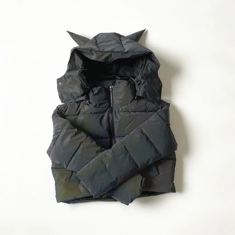 Winter Women Rainbow Reflective Horn Hooded Parkas Down Bubble Coat Puffer Jacket Bling Luminous Cute Hooded Down Jacket Outcoat