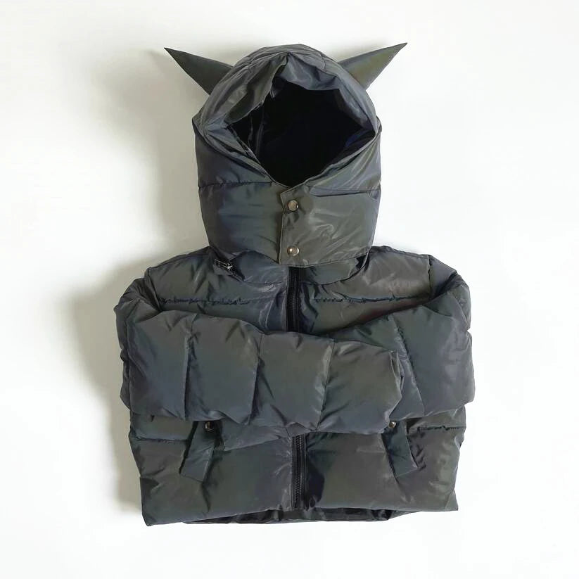 Winter Women Rainbow Reflective Horn Hooded Parkas Down Bubble Coat Puffer Jacket Bling Luminous Cute Hooded Down Jacket Outcoat