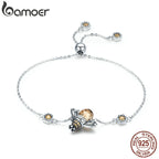 BAMOER Genuine 100% 925 Sterling Silver Dancing Honey Bee Chain Link Women Bracelet Crystal Big Stone Bracelet Jewelry SCB043