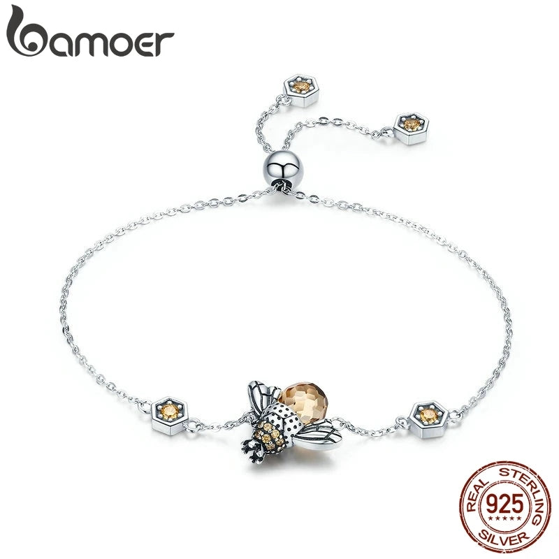 BAMOER Genuine 100% 925 Sterling Silver Dancing Honey Bee Chain Link Women Bracelet Crystal Big Stone Bracelet Jewelry SCB043