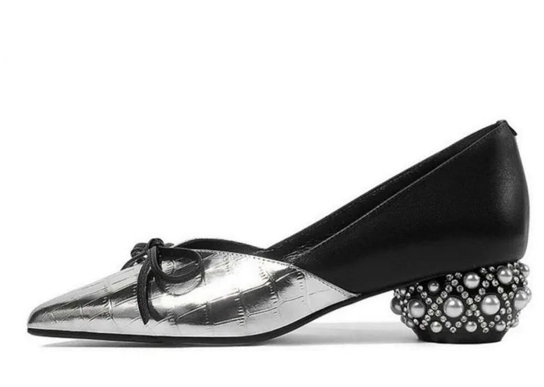 Thick Heel Single Shoes Woman MID Heels Women 2020 Autumn  Work Shoe Female Footware Soft Leather Bowtie Pointed Toes SILVER