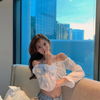 Women Top Sexy Blouse Off Shoulder Top Long Sleeve Solid Color White Shirt Puff Sleeve Ruffle Tunic Crop Top Summer Tube Top