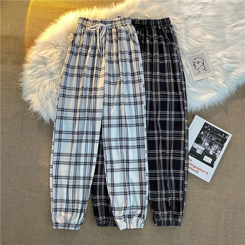 Pants Women New Bunch of feet Fashion Loose Black Plaid Summer Harajuku Students Streetwear Harem Long Trousers Womens Chic