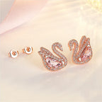 Chic Elegant Swan Pink Crystal Zircon Diamonds Gemstones Stud Earrings for Women Girl White Gold Color Fashion Jewelry Gifts