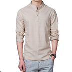 Men's Clothing  Men Spring Tops & Tees Male Fashion T-Shirts Stand Collar Long-sleeved Slim Base Shirt Homme Linen t-shirt