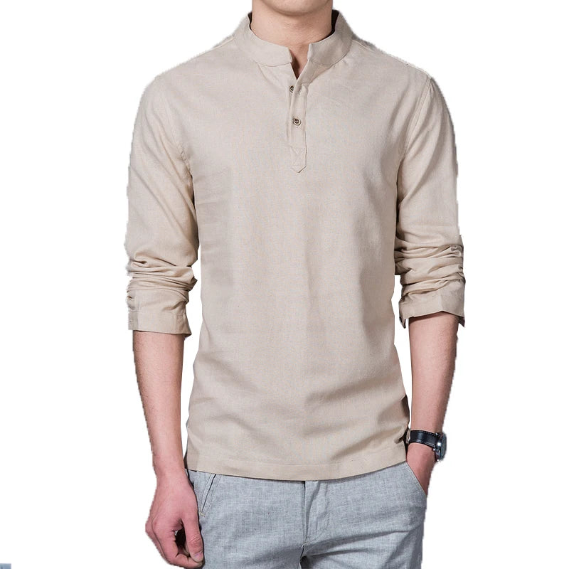 Men's Clothing  Men Spring Tops & Tees Male Fashion T-Shirts Stand Collar Long-sleeved Slim Base Shirt Homme Linen t-shirt