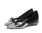 Thick Heel Single Shoes Woman MID Heels Women 2020 Autumn  Work Shoe Female Footware Soft Leather Bowtie Pointed Toes SILVER