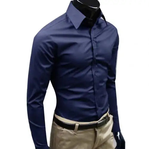 Men Dress Shirt New Fashion Men Solid Color Business Long Sleeve Men Button Turn Down Collar Shirt Top Polyester