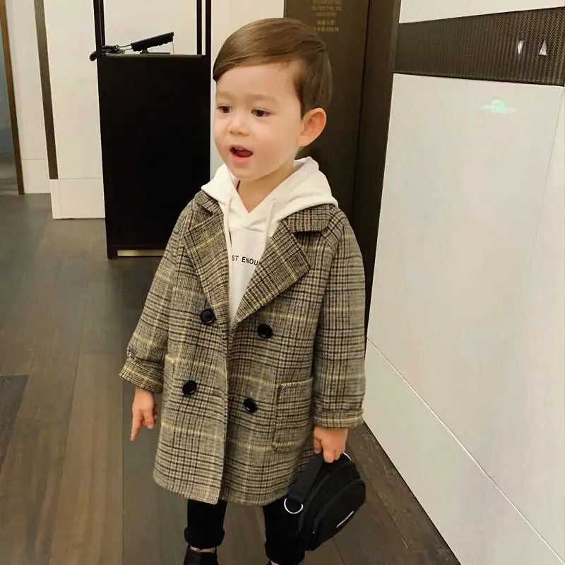 Winter Grid Jackets Boys girls Woolen Double-breasted Baby Boy Trench Coat Lapel Kids Outerwear Coats Wool Coat Winter Overcoat