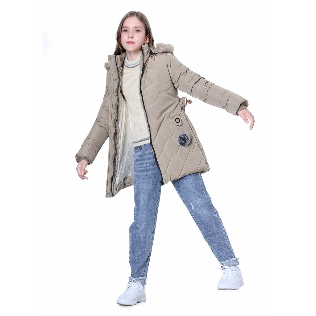 Winter Girls Jacket,Warm Thick Cotton Coat,Fashion Fur Hooded Children's Outerwear,Hairballs Zipper Elastic Waistband Coats