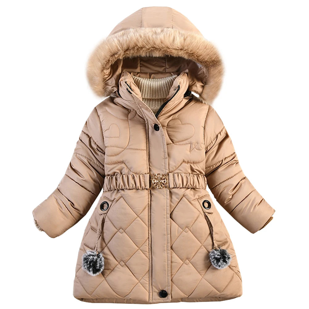 Winter Girls Jacket,Warm Thick Cotton Coat,Fashion Fur Hooded Children's Outerwear,Hairballs Zipper Elastic Waistband Coats