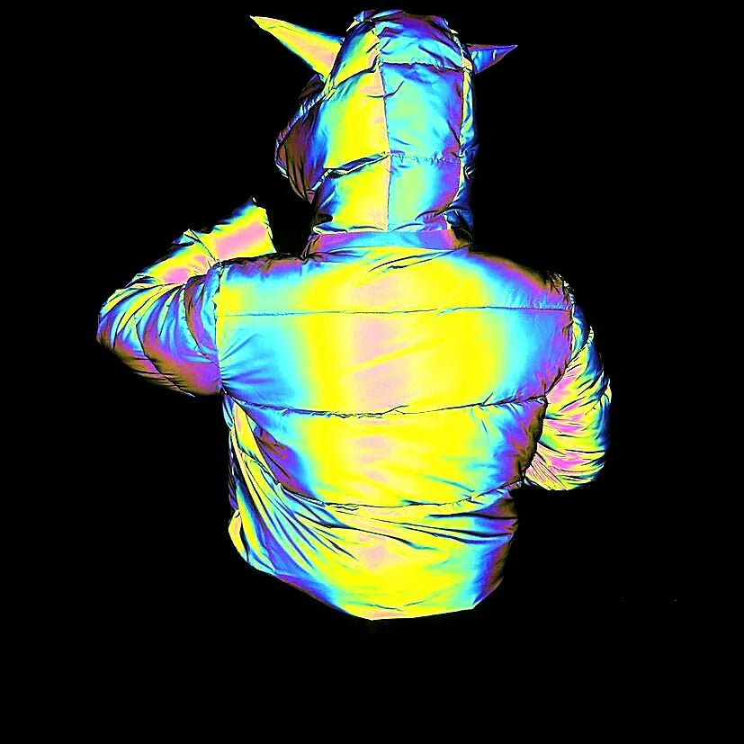 Winter Women Rainbow Reflective Horn Hooded Parkas Down Bubble Coat Puffer Jacket Bling Luminous Cute Hooded Down Jacket Outcoat