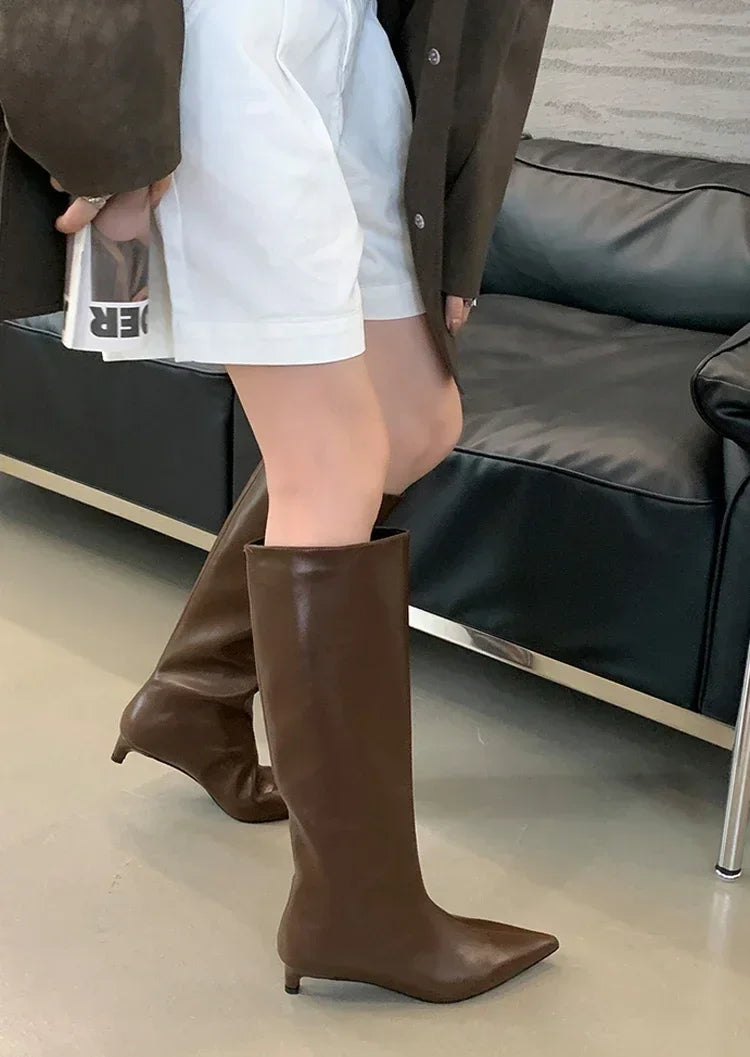 Pointed Toe Women High Boots Leather Fashion Sexy Heels Shoes Woman Trend New Snow Boots Low Heels Elegant Goth Mujer Botas