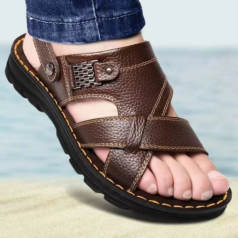 Men's Leather Summer Sandals 2025 Non-slip Thick-soled Comfort Soft Outdoor Beach Slippers