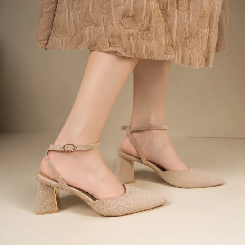 2025 Sandals for Woman Pointed Toe Chunky Footwear Closed Thick Heel Summer Block High Heels Heeled Pumps Women's Shoes Korea