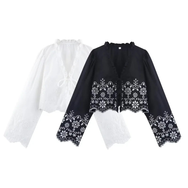 Embroidered Blouse Top Boho Chic Hawaiian Summer Vintage Ruffle Crop Shirts Female Elegant Women's Shirt Tops Woman 2025