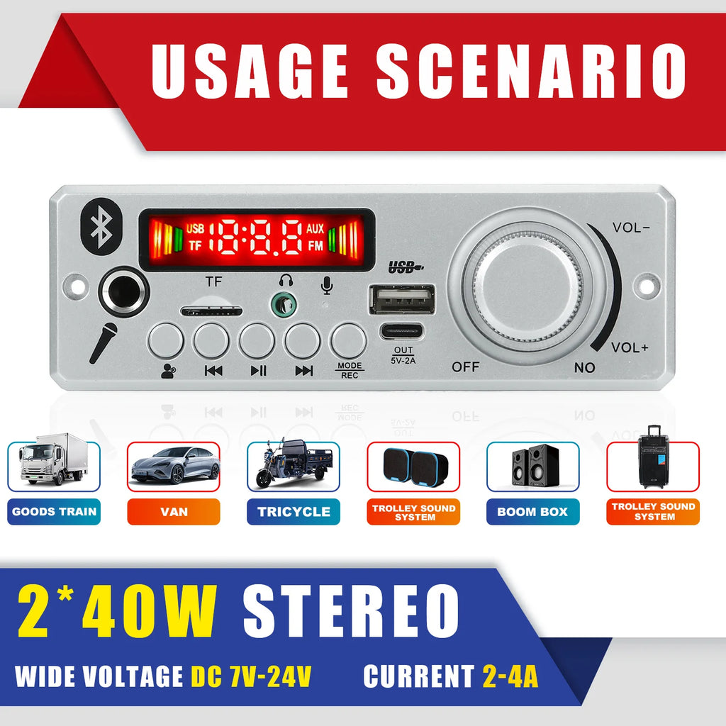 Handsfree 80W Amplifier Bluetooth DIY MP3 Decoder board 12V Wireless Car MP3 Player Record USB TF AUX FM Radio Folder Switching