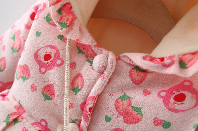 Winter Girls' Cotton Jacket, New Cute Children's Clothing, Solid Color Printed Girls' Cotton Jacket, Rabbit Ear Hooded Bag Gift