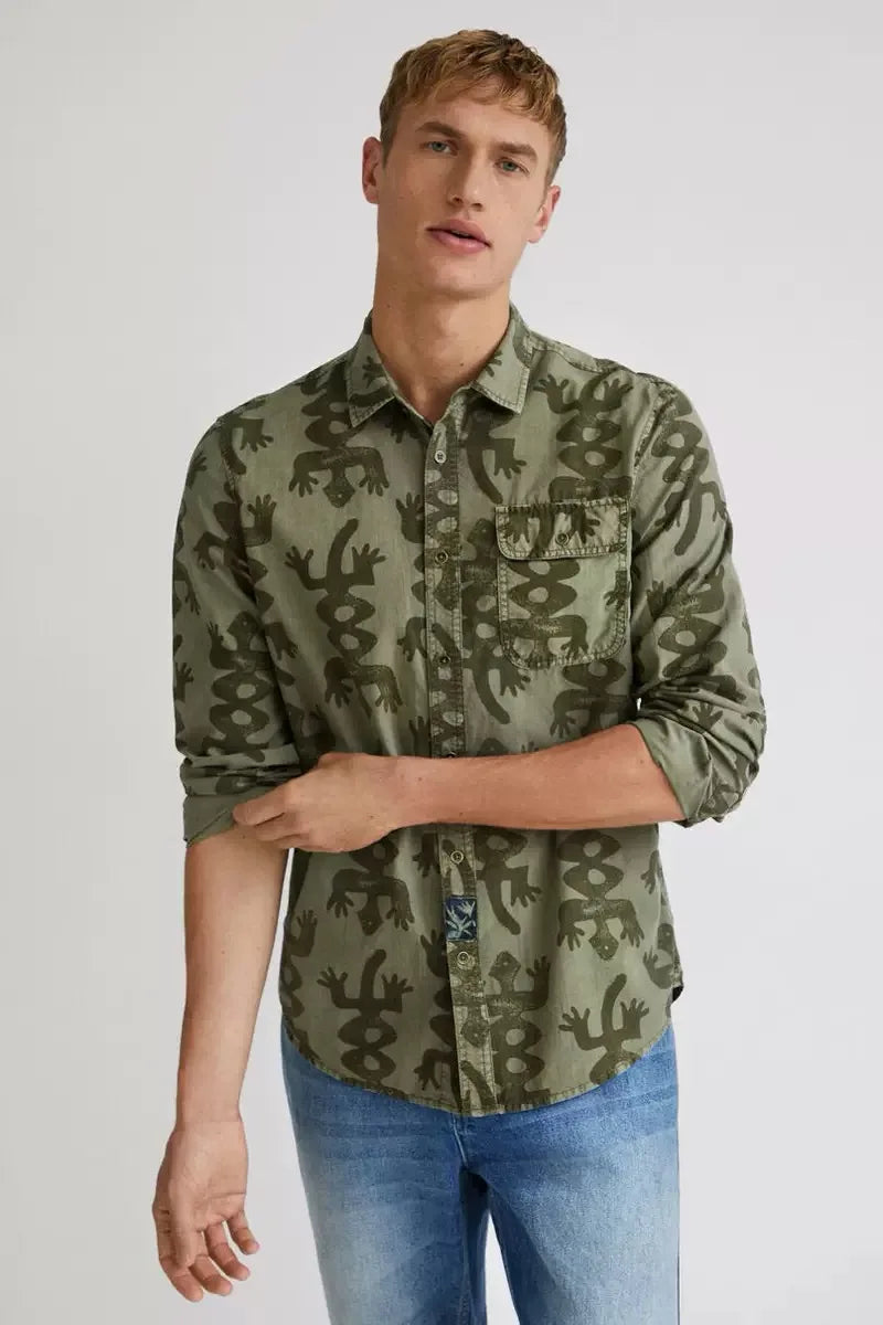 Original Spanish men's shirt with printed embroidery, designer style, light luxury, casual and loose fitting shirt