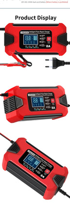 Battery Charger 12V 8A  24V 4A Smart Fast Charging for Car Batteries 8-Stage Charge Pulse Repair for AGM GEL WET Lead Acid