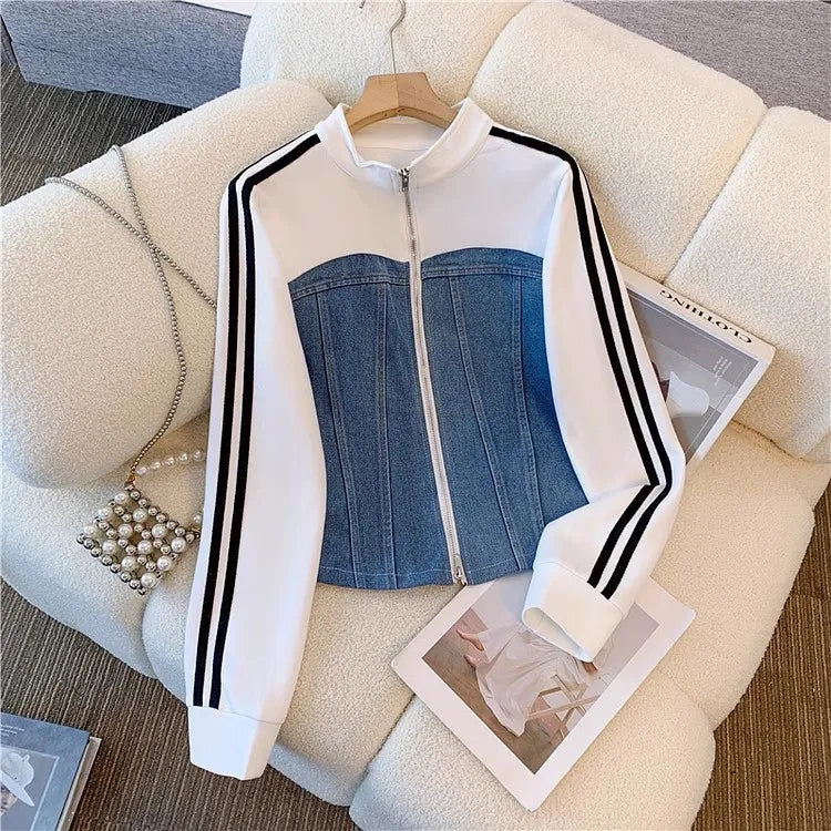 Pant Set Women Two Piece Sets Denim Splice Zipper Matching Sets Casual Coats Wide Leg Long Pants Lace Up Elastic Waist 2025