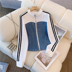 Pant Set Women Two Piece Sets Denim Splice Zipper Matching Sets Casual Coats Wide Leg Long Pants Lace Up Elastic Waist 2025