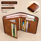 Men's Wallets RFID Blocking Genuine Leather Trifold Business Short Purse Wallet for Men with ID Window and Credit Card Holder