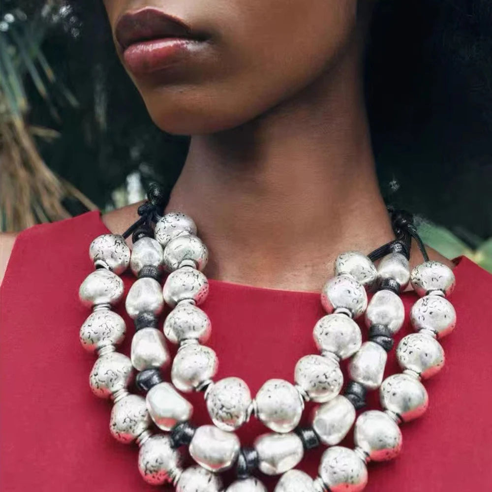 3 Layer Golden Silvery CCB Material Irregular Ball Beaded Necklace European American Fashion Collar Necklaces New Female Jewelry