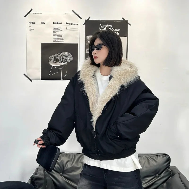 Winter Warm Jacket 2025 New High Street Fur Collar Hooded Women's American High-end Sense Versatile Korean Version Coat Trend