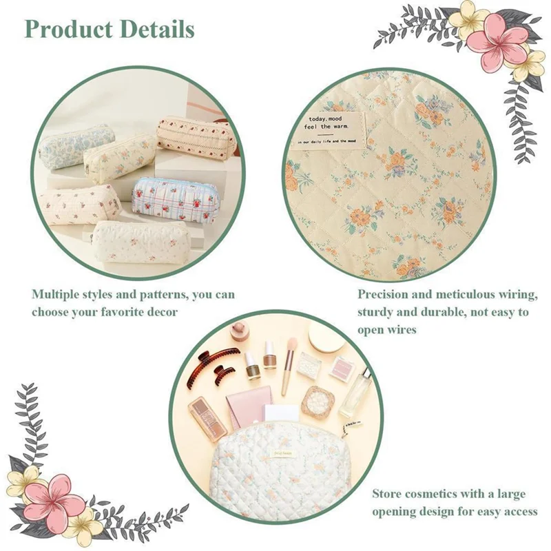 Makeup Cosmetic Bag Cosmetic Bag 3 Pcs Cotton Quilted Makeup Bag Aesthetic Floral Toiletry Bag For Women A