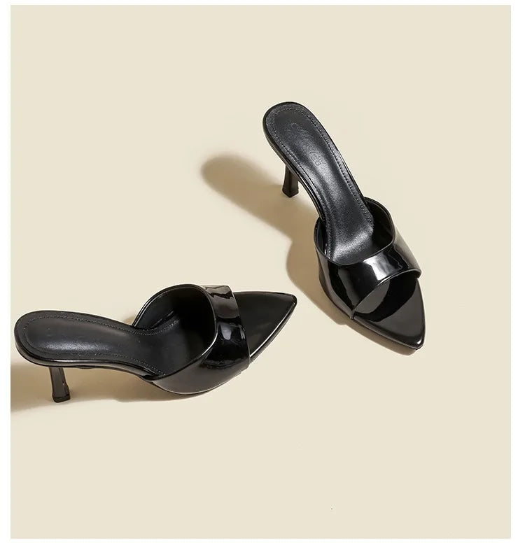 Women's Slippers 2025 New Summer Slim Heel Pointed Toe Worn with A Straight Drag Patent Leather High-heeled Slippers for Womens