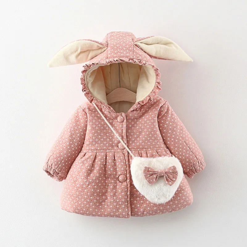 Winter Girls' Cotton Jacket, New Cute Children's Clothing, Solid Color Printed Girls' Cotton Jacket, Rabbit Ear Hooded Bag Gift
