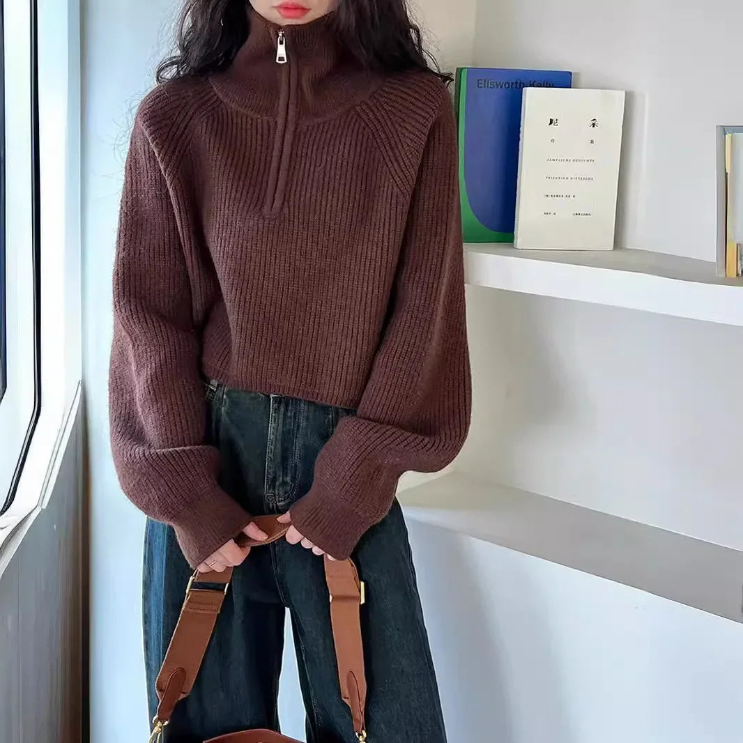 Autumn Winter  Zipper Sweaters Women Solid Color High Neck Knitted Pullover Solid Red Loose Turndown Collar Women's Turtleneck