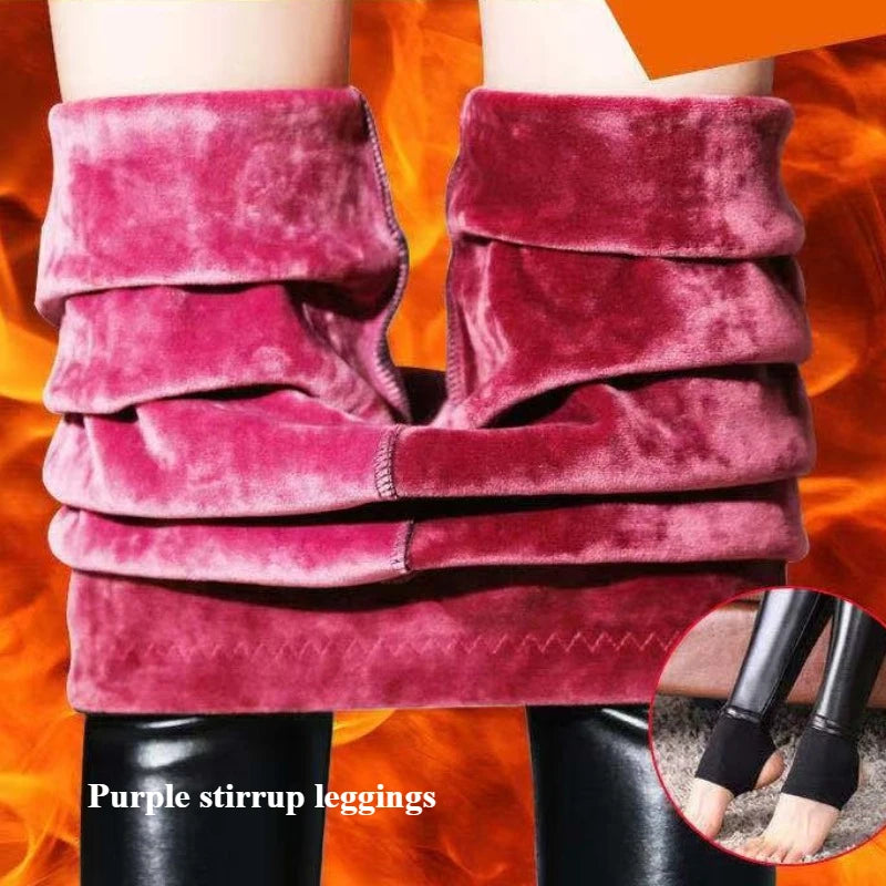 Winter Warmth Essentials Fleece Leggings High Waist Faux Leather Pants Women's Thermal Lined Footed Stirrup Tights Cold Climate
